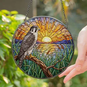 Majestic Hawk Falcon Stained Glass Sunset Tree Branch - Nature Wildlife Art Decor Gift Stained Glass Suncatcher