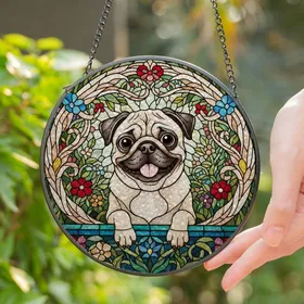 Fawn Pug Dog with Expressive Dark Eyes & Pink Tongue Tiffany Glass Floral Mosaic Stained Glass Suncatcher
