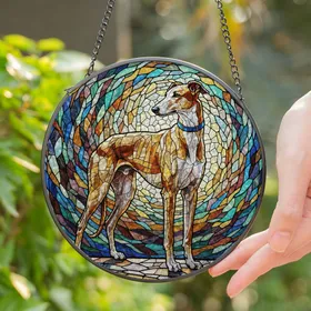 Graceful Greyhound Dog Stained Glass Artwork - Tiffany Style Jewel Tones Pet Lover Stained Glass Suncatcher