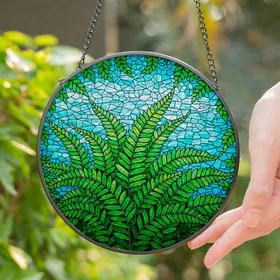 Tiffany Style Stained Glass Fern Fronds - Emerald Green Aqua Blue Organic Mosaic Stained Glass Suncatcher