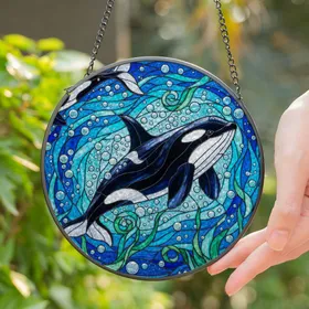Orca Killer Whale Stained Glass Art Underwater Scene - Jewel Tone Ocean Aquatic Plants Stained Glass Suncatcher