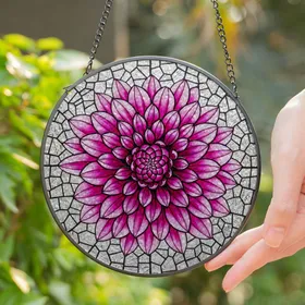 Intricate Dahlia Flower Stained Glass Suncatcher - Jewel Tone Mosaic Garden Decor
