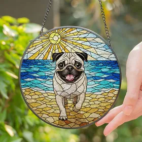 Cheerful Pug Dog Running Beach Ocean Waves - Glowing Tiffany Stained Glass Jewel Art Stained Glass Suncatcher