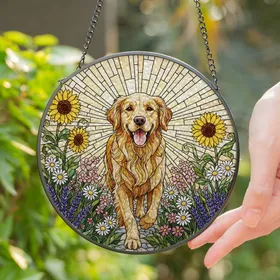 Golden Retriever Dog Stained Glass Sunflowers Wildflowers - Sunbeam Tiffany Decor Gift Stained Glass Suncatcher