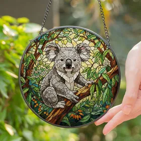 Intricate Koala Eucalyptus Stained Glass - Australian Bushland Art with Jewel Tones Stained Glass Suncatcher