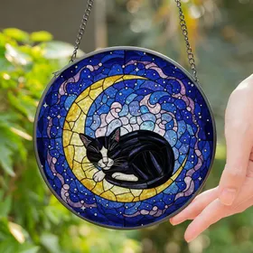 Sleeping Tuxedo Cat Crescent Moon Stained Glass Art - Tiffany Style Starry Night Cat Lover Gift Stained Glass Suncatcher