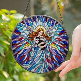 Elegant Angel Tuxedo Cat Stained Glass Art - Iridescent Wings Celestial Mosaic Design Stained Glass Suncatcher