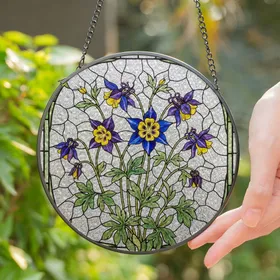 Vibrant Columbine Flowers Stained Glass Mosaic Art - Colorful Nature Garden Gift Stained Glass Suncatcher