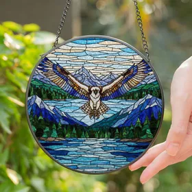 Majestic Osprey Soaring, Mountain Lake Landscape Stained Glass Nature Wildlife Art Stained Glass Suncatcher