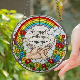 Mama Baby Hands Angel Wings Stained Glass Rainbow Wildflower - Mother's Day Gift for Mom Stained Glass Suncatcher
