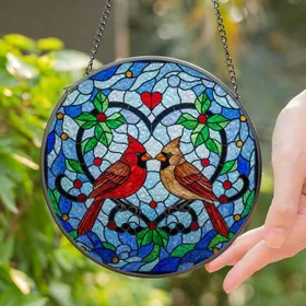Red Cardinal Couple Jewel Tone Stained Glass Heart Frame - Anniversary Love Gift Stained Glass Suncatcher