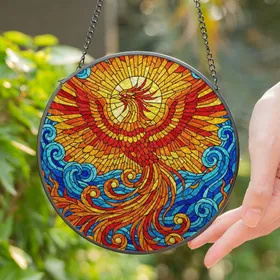 Majestic Phoenix Stained Glass Art - Celestial Fire Sunbursts Swirling Winds Jewel Tones Stained Glass Suncatcher