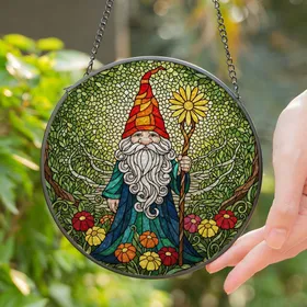 Red Hat Gnome Long Beard Forest Flowers Stained Glass - Tiffany Mosaic Jewel Tone Art Stained Glass Suncatcher