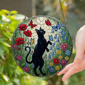 Black Cat Green Eyes Butterflies Poppies Tiffany Stained Glass Meadow Scene Decor Stained Glass Suncatcher