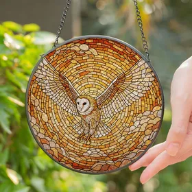 Barn Owl Full Flight Stained Glass Art with Intricate Tiffany Style Sunset Sky Mosaic Stained Glass Suncatcher