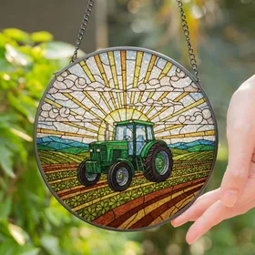 Tiffany Glass Farm Tractor Field Crops Art - Farmhouse Country Decor Gift for Farmers Stained Glass Suncatcher