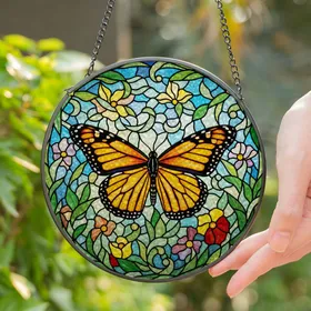Monarch Butterfly Stained Glass Art - High Contrast Tiffany Foliage & Blue Sky Mosaic Stained Glass Suncatcher