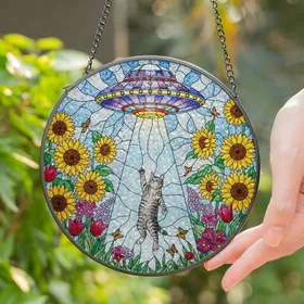 Grey Tabby Cat UFO Abduction Stained Glass Sunflower Garden Pink Blossoms Red Tulips Stained Glass Suncatcher
