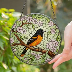 Baltimore Oriole Stained Glass Bird - Intricate Cherry Blossom Tiffany Style Mosaic Art Stained Glass Suncatcher