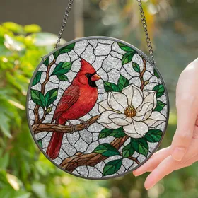 Vibrant Red Cardinal Bird, Magnolia Bloom Stained Glass, Tiffany Style Tree Branch Stained Glass Suncatcher