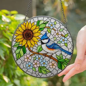 Crested Titmouse Blue Stained Glass Sunflower Floral Bird Mosaic Nature Lover Gift Stained Glass Suncatcher