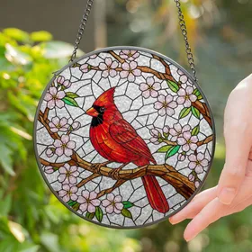 Northern Cardinal Cherry Blossom Stained Glass Mosaic - Tiffany Style Jewel Tone Bird Decor Stained Glass Suncatcher