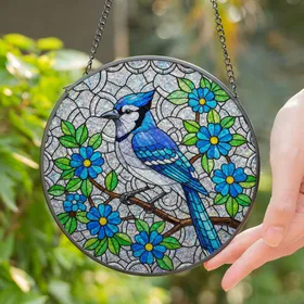 Majestic Blue Jay Stained Glass Tiffany Art - Floral Blossom Mosaic Iridescent Jewel Tones Stained Glass Suncatcher