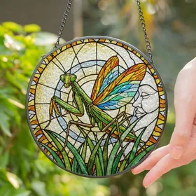 Praying Mantis Stained Glass Sun Mosaic - Glowing Tiffany Jewel Tone Glass Art Decor Stained Glass Suncatcher