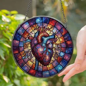Anatomical Heart Cosmic Galaxy Nebula Tiffany Stained Glass Art Intricate Patterns Stained Glass Suncatcher