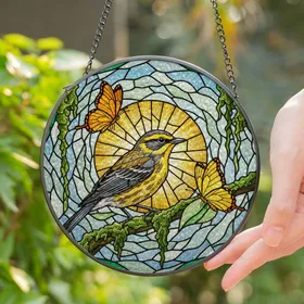 Tiffany Stained Glass Yellow Warbler Butterflies Sunburst - Jewel Tone Mosaic Art Stained Glass Suncatcher