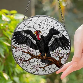 Majestic King Vulture & Pink Cherry Blossom Stained Glass Mosaic Tiffany Style Stained Glass Suncatcher