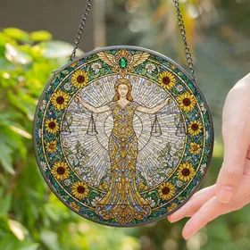 Lady Justice Libra Balancing Scales Intricate Floral Mosaic Winged Emblem Tiffany Glass Art Stained Glass Suncatcher