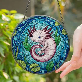 Pink Axolotl Stained Glass Tiffany Style Aquatic Underwater Mosaic Intricate Art Stained Glass Suncatcher