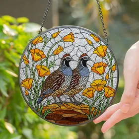California Quail Poppy Flowers Intricate Tiffany Style Stained Glass Mosaic Art Window Display Stained Glass Suncatcher