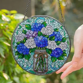 Colorful Hydrangea Bouquet Mason Jar Stained Glass - Tiffany Style Floral Mosaic Stained Glass Suncatcher