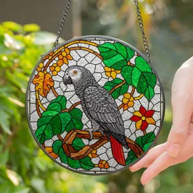 African Grey Parrot Stained Glass Art - Intricate Tiffany Style Mosaic Jewel Tones Stained Glass Suncatcher