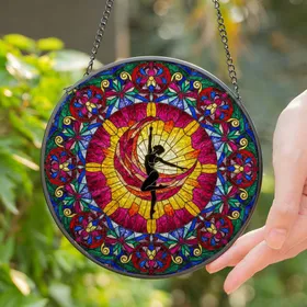 Dynamic Black Aerialist Stained Glass Art, Sunburst Mosaic & Intricate Floral Jewel Tones Stained Glass Suncatcher