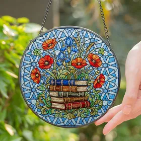 Tiffany Stained Glass Stacked Books Floral Bouquet - Geometric Mosaic Jewel Tones Stained Glass Suncatcher
