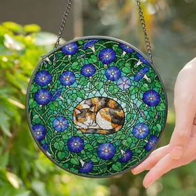 Curled Up Calico Cat Blooming Morning Glories Stained Glass Art - Cat Lover Home Decor Gift Stained Glass Suncatcher