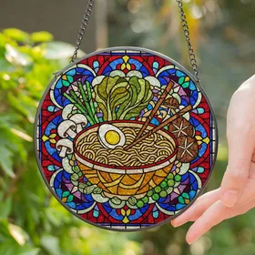 Ramen Bowl Stained Glass Art with Egg Chopsticks, Mushroom Scallion, Intricate Mosaic Stained Glass Suncatcher