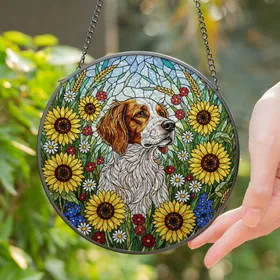 Brittany Spaniel Stained Glass Art - Sunflowers Meadow Flowers Tiffany Style Home Decor Stained Glass Suncatcher