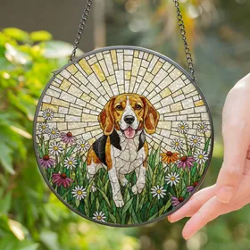 Tricolor Beagle Dog Stained Glass Wildflower Mosaic - Tiffany Style Dog Lover Gift Stained Glass Suncatcher
