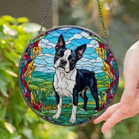 Boston Terrier Dog Stained Glass Mosaic - Detailed Tiffany Jewel Tones Landscape Art Stained Glass Suncatcher