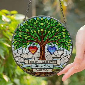 Mr. & Mrs. Date Stained Glass Tree Tiffany Style Edward Sarah Hearts - Wedding Anniversary Stained Glass Suncatcher