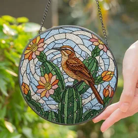 Brown Rust Bird Cactus Flowers Tiffany Glass Mosaic Art - Nature Home Decor Gift Stained Glass Suncatcher