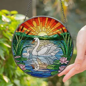 White Swan Cygnet Stained Glass Art - Tiffany Jewel Tones Sunset Lake Pond Scene Stained Glass Suncatcher