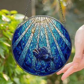Anglerfish Bioluminescent Lure Deep Ocean Water - Tiffany Style Stained Glass Light Rays Stained Glass Suncatcher