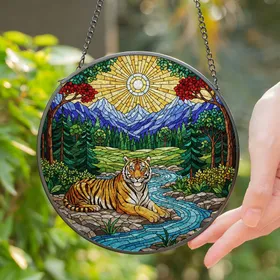 Majestic Tiger Stained Glass Art with Mountain River Forest Landscape & Radiant Sun Stained Glass Suncatcher