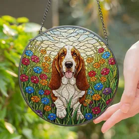 Basset Hound Dog Stained Glass Meadow Wildflowers - Pet Lover Home Decor Gift Stained Glass Suncatcher