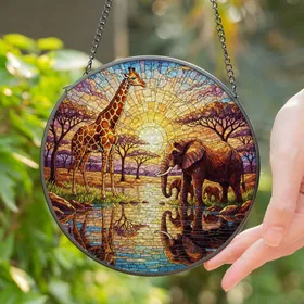 Majestic Giraffe Elephant African Savanna Landscape Glowing Tiffany Glass Style Art Stained Glass Suncatcher